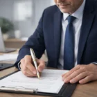 Man in suit signs document at desk with a Pierre Cardin Montfort Pen and clipboard.