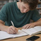 Young man writing in a notebook with Carter Logo Branded Steel Pens, book, and smartphone on table.