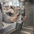 Someone fills a 500Ml Vacuum Insulated Bottle at a cafeteria water dispenser.