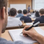 Student takes notes in class with Zaire Logo Emblazoned Pens, others sitting ahead.