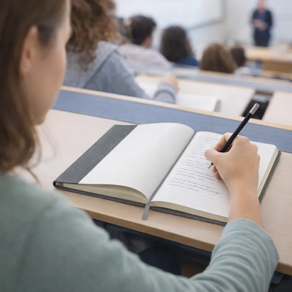 Student taking notes on a Lexis Hard Cover Notebook during a classroom lecture.
