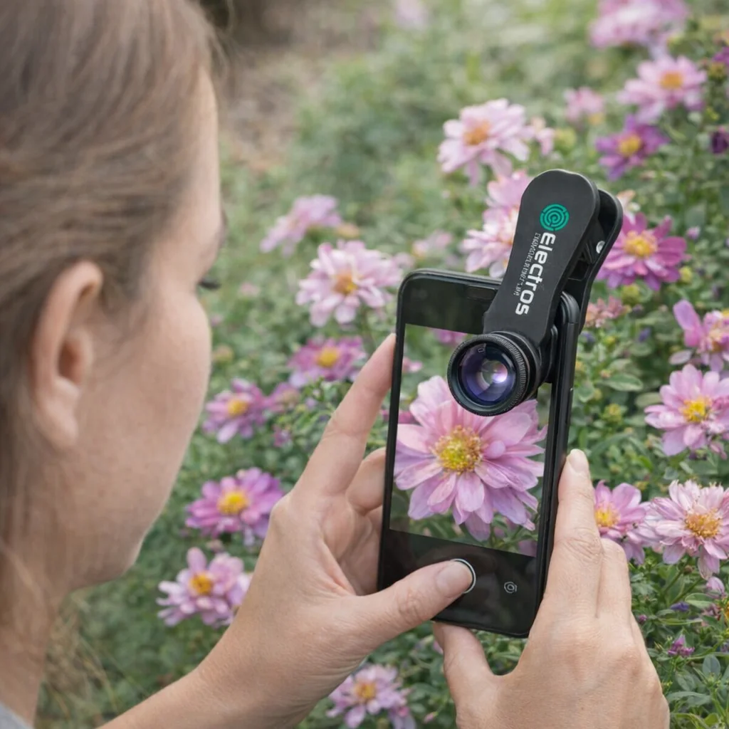 Person uses a 3-In-1 Smartphone Lens Kit to photograph pink flowers in a garden.