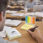 A student writes "Exam next Wednesday!" on a Sticky Note Pad Books at the library desk.