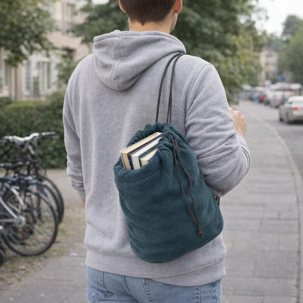 Person in hoodie carrying Polar Fleece Drawstring Bag with books on the sidewalk.