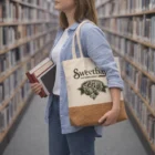 Woman holding books and a Unique Canvas Tote Bag in a library aisle.