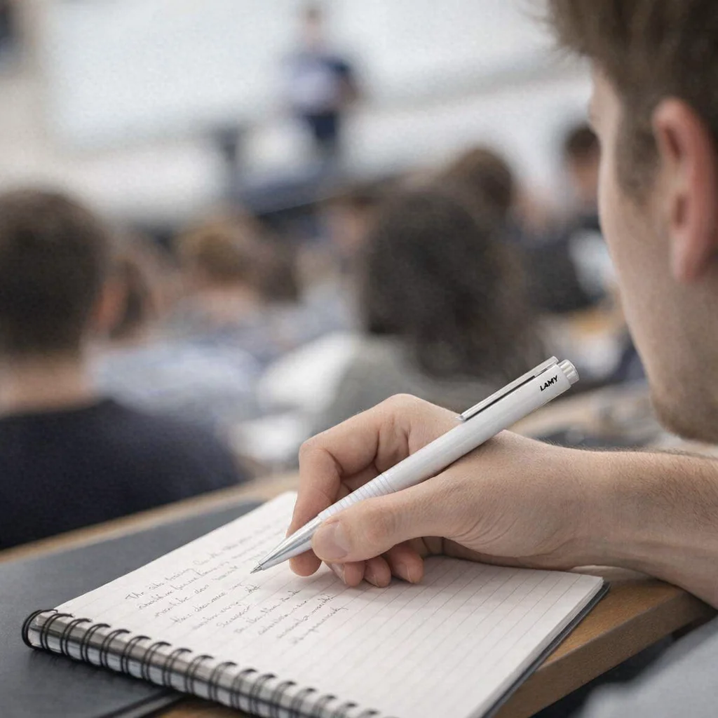 Student takes notes with a Lamy Printed Pen in a notebook during class.