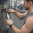 Man fills a Carabiner Flip Promo Bottle at a gym water station.
