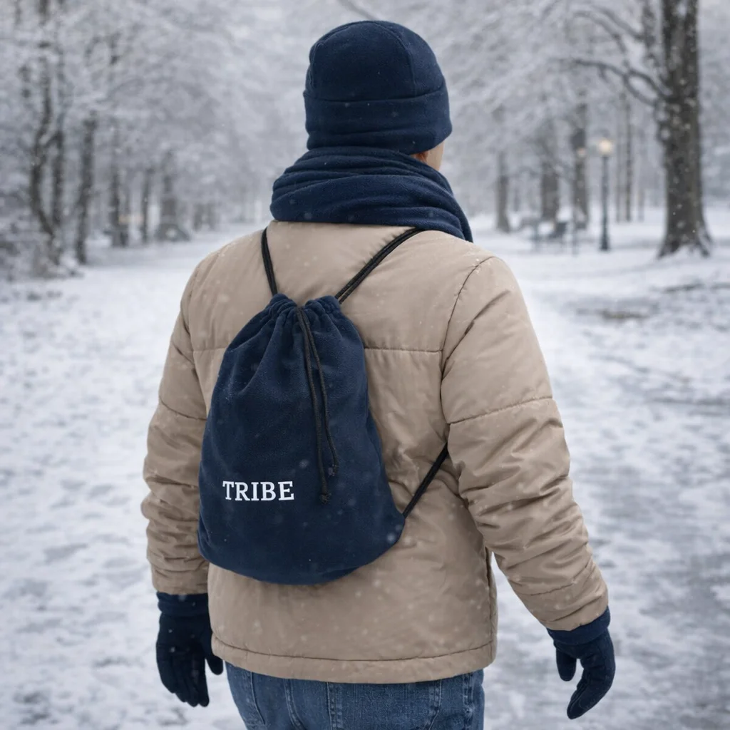 Person in Tribe Embroidered Polar Fleece Winter Set walking in snowy park with backpack.