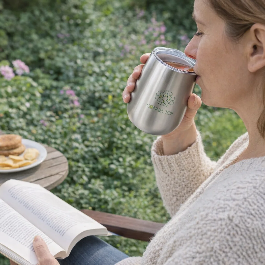 A woman enjoys snacks and reads outside, sipping from a 300Ml Double Wall Stainless Steel Cup.