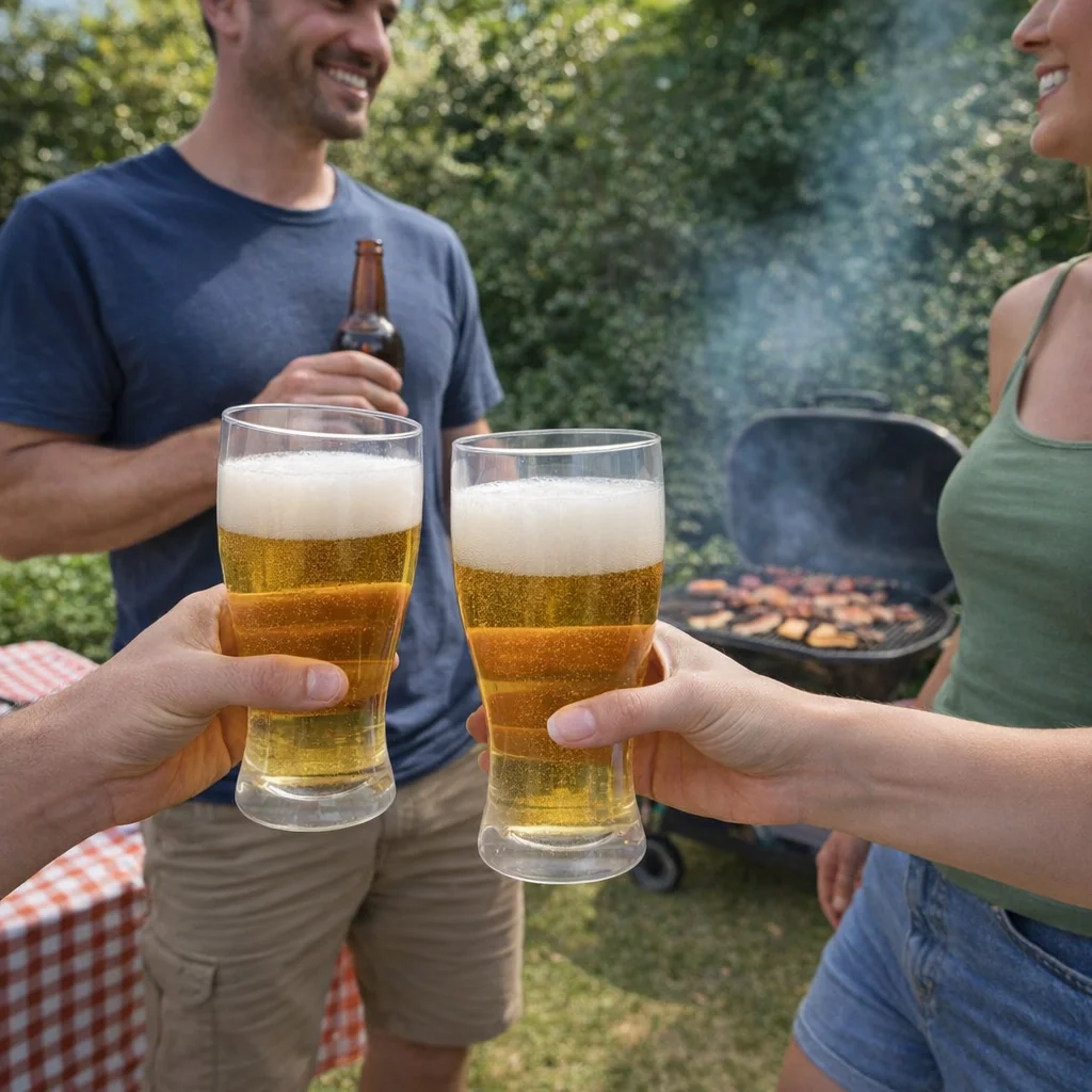 Two people cheers with 410Ml Plastic Schooner Cups at a backyard barbecue with friends and grill.