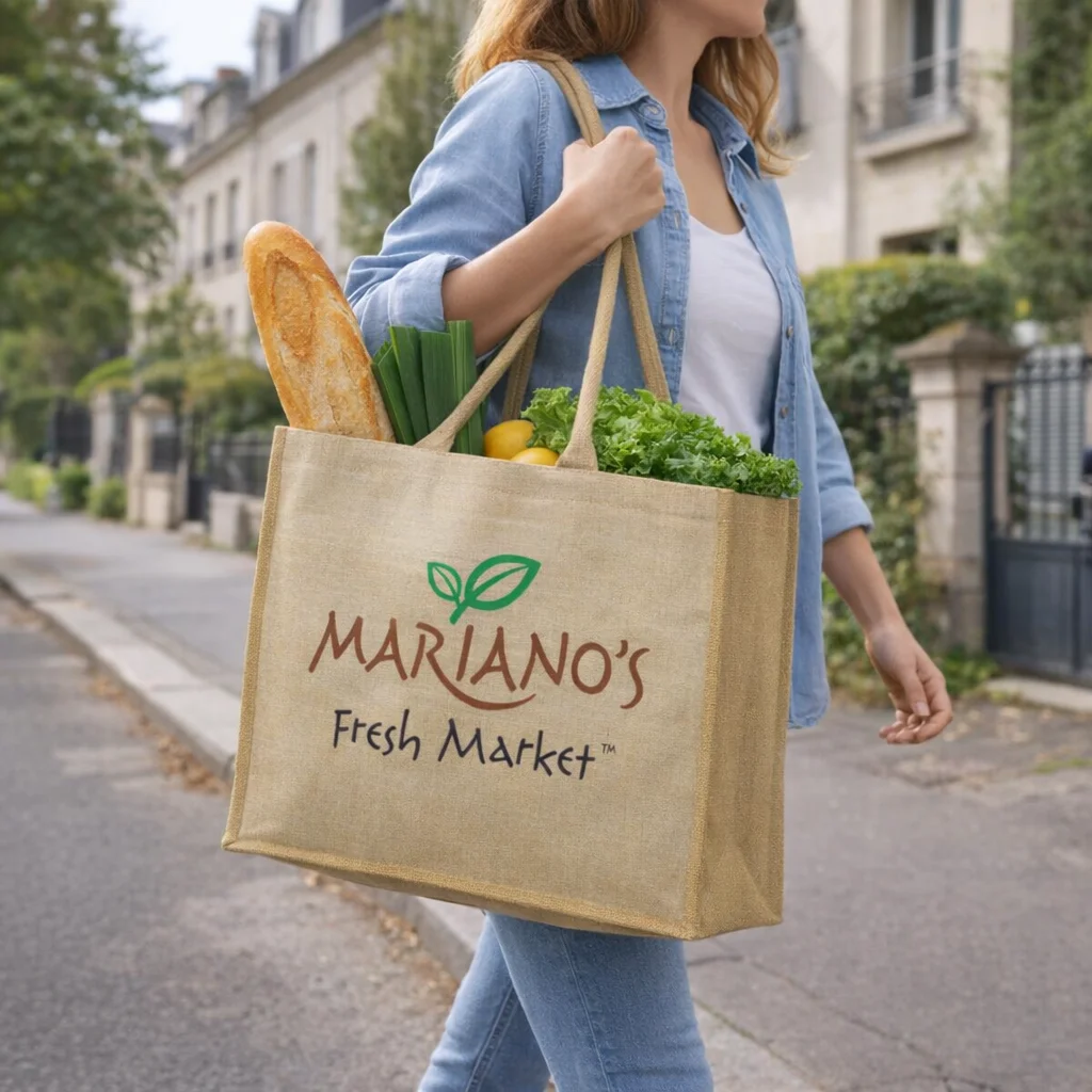 A person walks outdoors carrying groceries in a Ciella Juco Tote Bag.