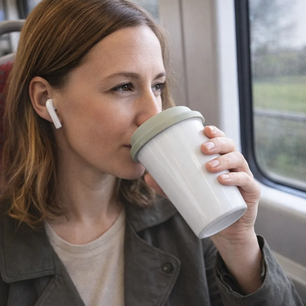 Woman with earbuds sips from a Full Colour 350Ml Ceramic Coffee Cup while riding a train.