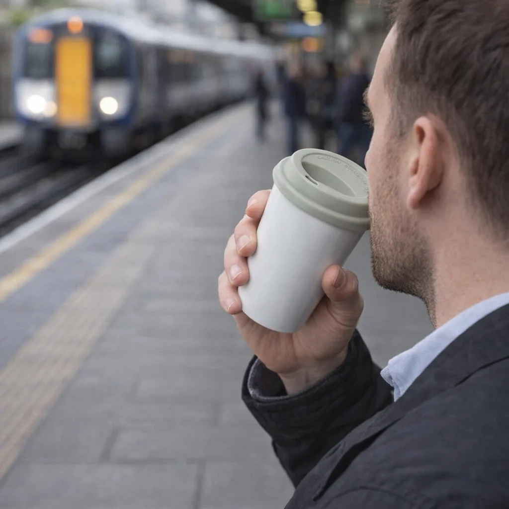 Man with a Cheap Ceramic Coffee Cups 300Ml waits on the platform as a train approaches.