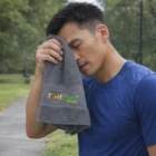Man wipes face with The Endurance Sports Towels, outdoors in blue shirt, looking tired.