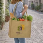 Woman carrying a Trixie Jute Tote Bag filled with bread, carrots, and leafy greens.