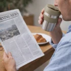 Person reads a newspaper, sipping from a Tastee Cups 350Ml, croissant on the table.