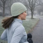 Woman jogging on a frosty park path, wearing a gray Patch Beanie and a light jacket.