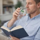Man reading a book while sipping from a clear 410Ml Peaks Double Wall Promo Glass.