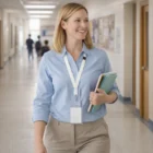 Smiling woman with books wearing Lliy Ribbon Lanyards in a bright school hallway.