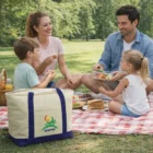 A family picnics in the park with a 27 Litre Calico Cooler Bag.