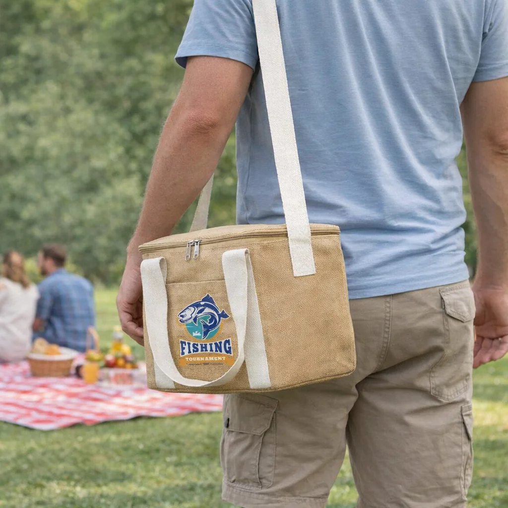 Man with Dali Cooler Bags stands near a picnic on a red checkered blanket.