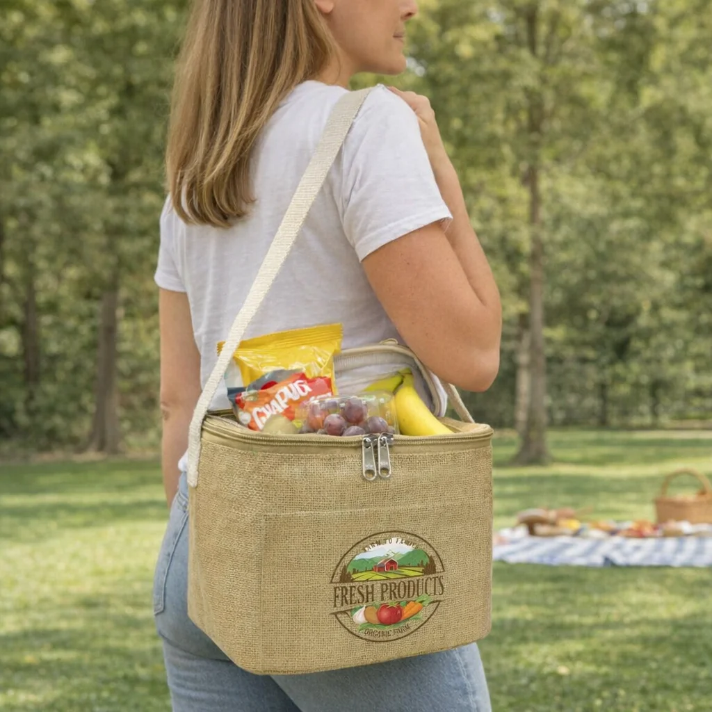 Woman with Mini Jute Cooler Bag carrying fruit and snacks at a picnic in the park.