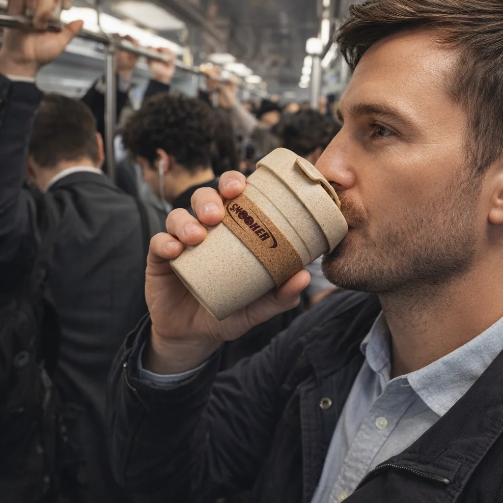 Man drinks from a Chillin Cups Deluxe Cork Bands on a crowded subway train.