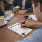 Man writes on Conello A7 Note Pads - 50 Leaves at table with coffee, laptop, and companion.