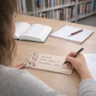 Someone writes a to-do list on Manta Horizontal Note Pads - 25 Leaves at a library table.