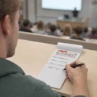 Person takes notes on persuasion with Manta Vertical Note Pads-25 Leaves in a lecture hall.