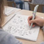 Doodling animals, food, and objects in a notebook with Envo Ball Pens at a desk.