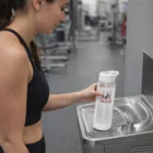 Woman filling a Mars Glass Bottle at a gym drinking fountain.