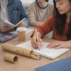 Three people at a table, one writing with Cheap Eco Writing Sets from a cardboard tube.