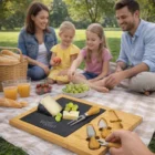 A family picnics with fruit, Eco Cheese Boards, bread, and juice on a sunny day.