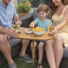 A family snacks and sips on Plated Serving Boards while relaxing on their patio.
