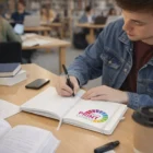 Student writing in a Nueva Notebook, featuring the Print Express logo, at a library table.