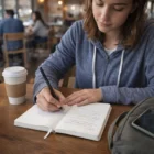 A woman writes in a Chassy Notebook at a café, with coffee and her backpack beside her.