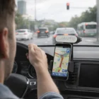 Man drives using GPS on phone secured with Neovision Car Phone Holders.