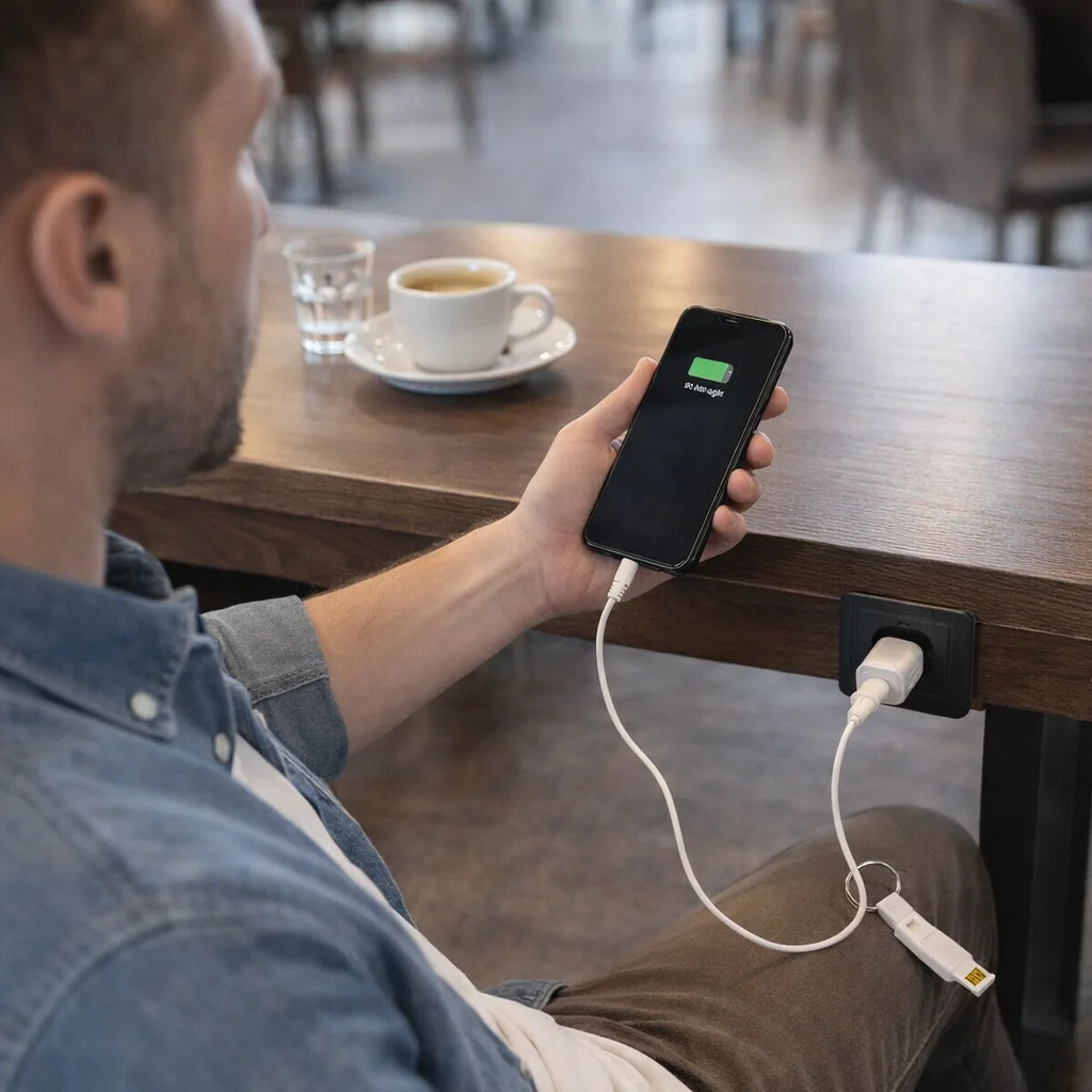 A man charges his phone at a café table with Nucleus 3-In-1 Charging Cables in hand.
