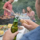 Popping a beer with Credo Bottle Openers at a family barbecue outdoors.
