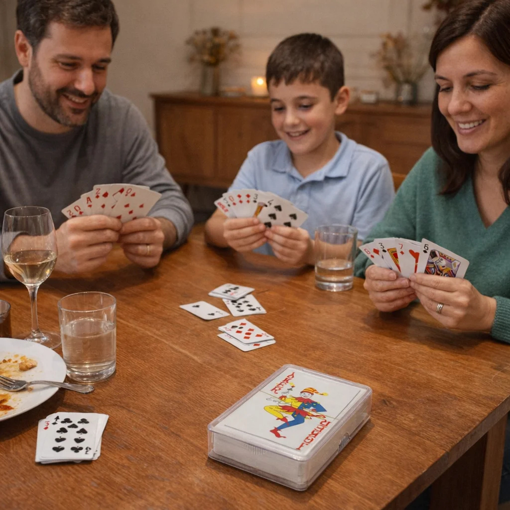 A family of three smiles and plays cards together with Lixo Playing Cards at the table.