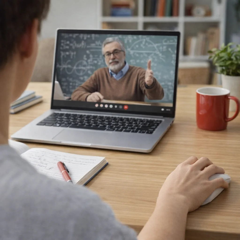 A student takes notes in an online math lesson using Portable Computer Mice.