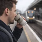 Man drinks from a Chuggs Cups 330Ml while waiting at the train station platform.