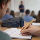 Student taking notes in a notebook with Best Selling Bamboo Logo Pens during class.