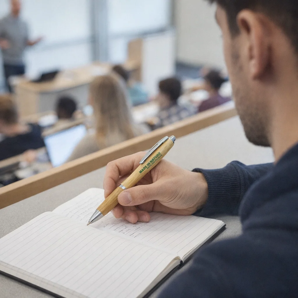 A student writes with a Nixies Bamboo Pen during a classroom lecture.