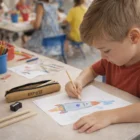 Young boy draws a colorful rocket ship with Slim Colouring Pencil Sets at a classroom table.