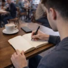 Taking notes in a Zilver Notebook at a café, with coffee and phone nearby.