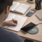 Someone writes in a notebook as an Excello Wireless Charger powers their phone on the desk.