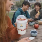 Woman outdoors with friends enjoying snacks and Ives Reusable Yogurt Cups.
