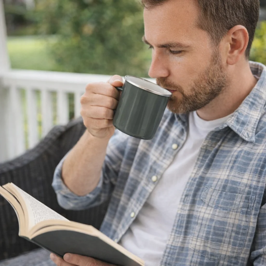 Man enjoys a book on the porch sipping from an Euka Enamel Mug.